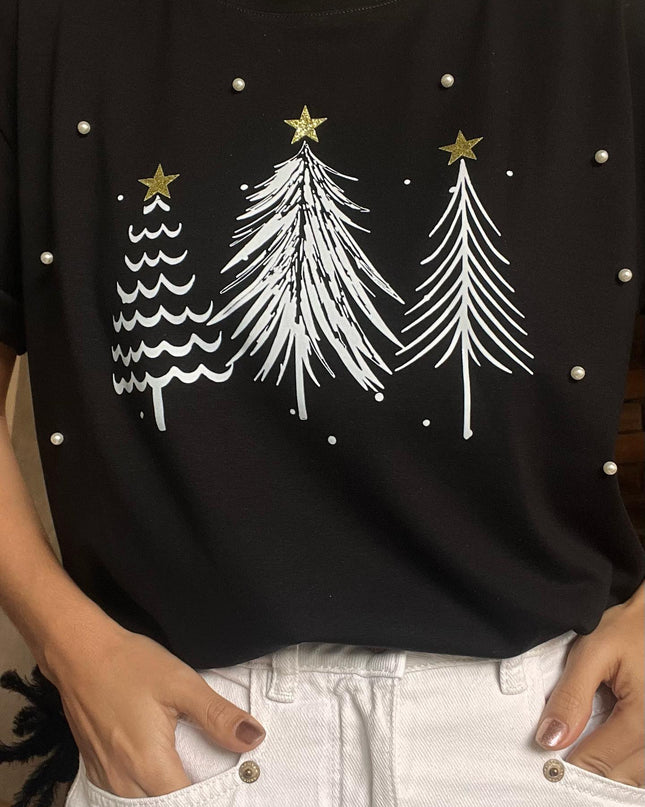 Camiseta navideña arbolitos negro