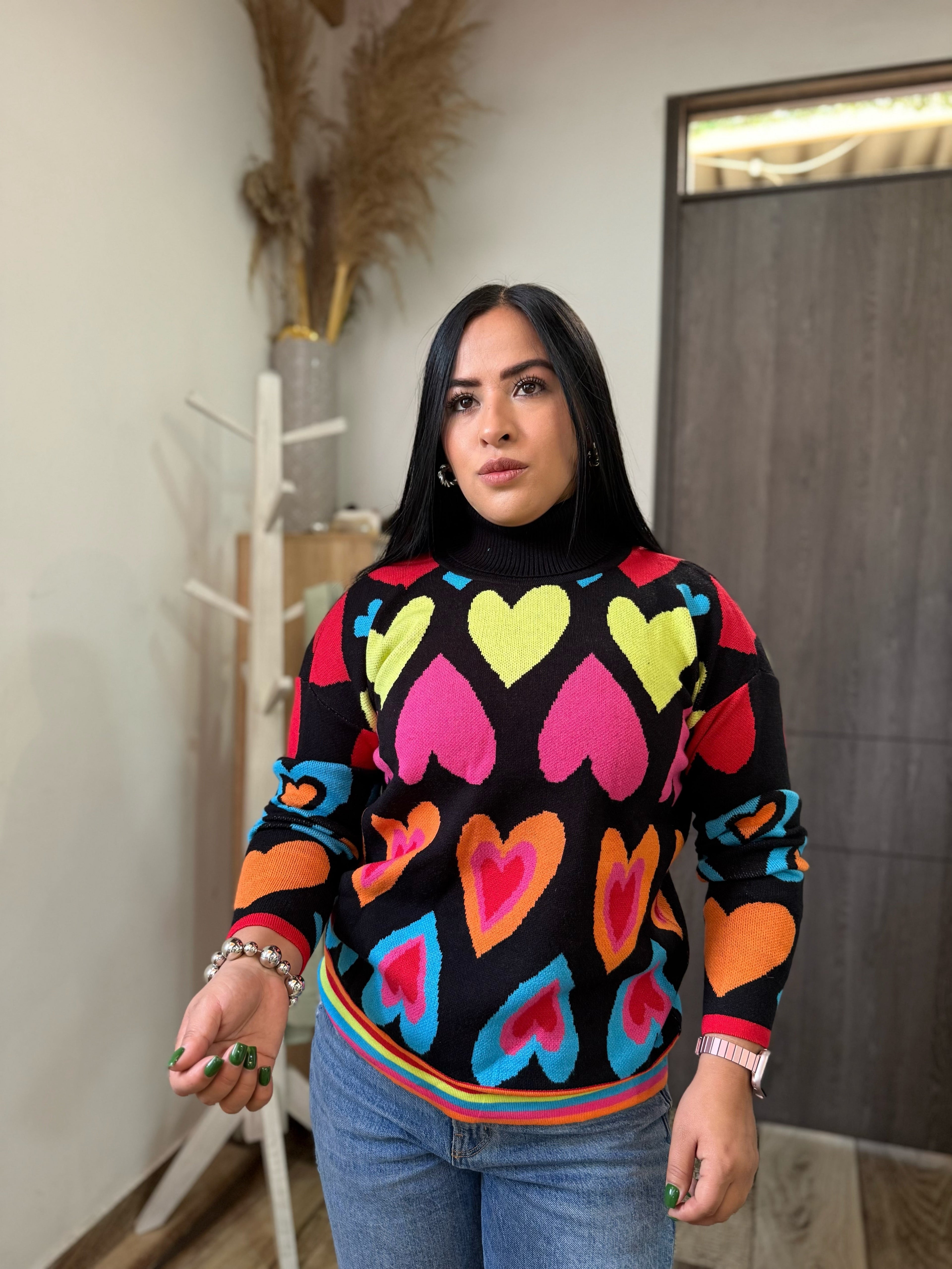 Suéter cuello alto corazones