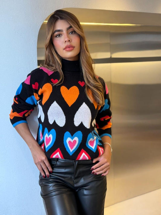 Suéter cuello alto corazones