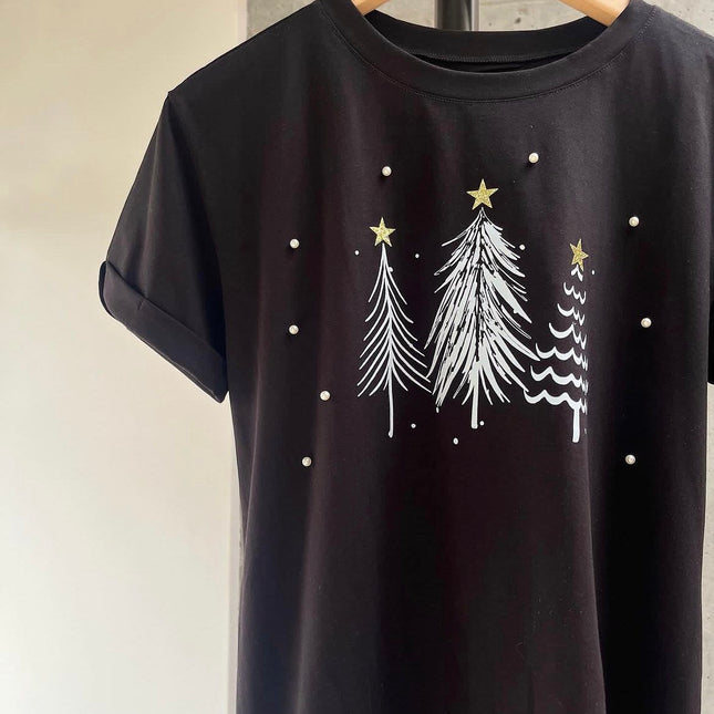 Camiseta navideña arbolitos negro
