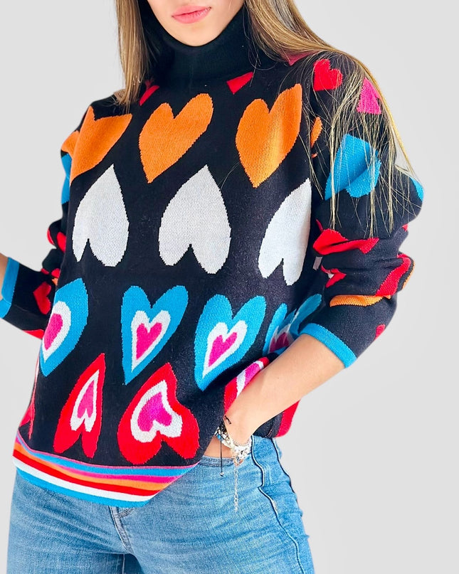 Suéter cuello alto corazones