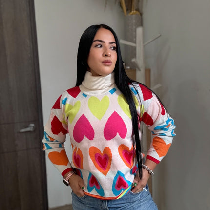 Suéter cuello alto corazones