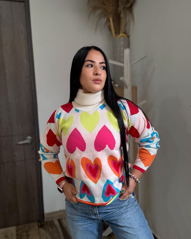 Suéter cuello alto corazones