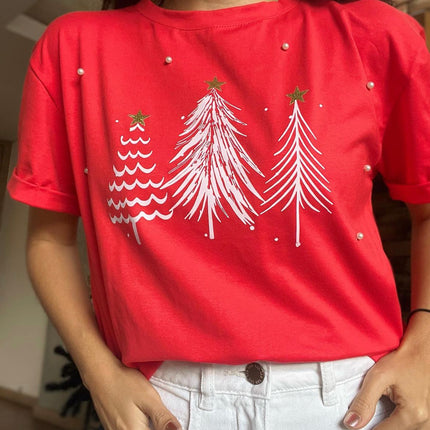 Camiseta navideña arbolitos roja