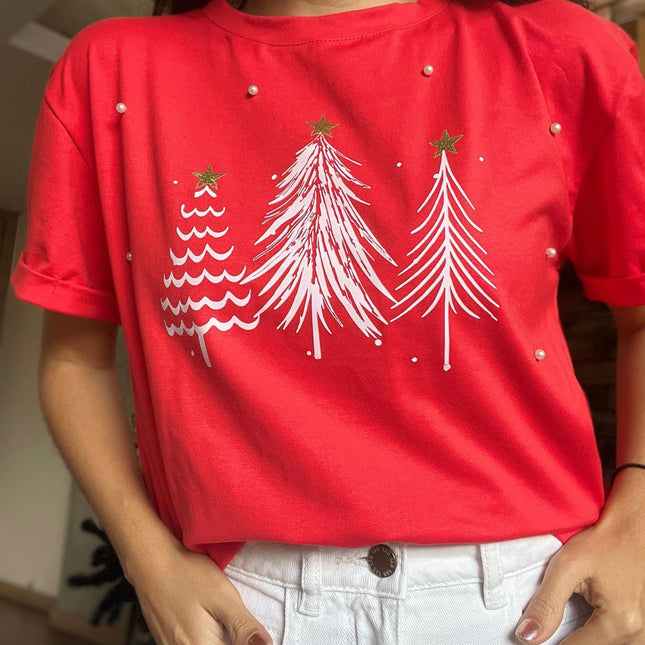 Camiseta navideña arbolitos roja