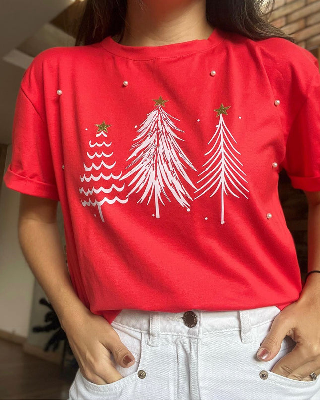 Camiseta navideña arbolitos roja